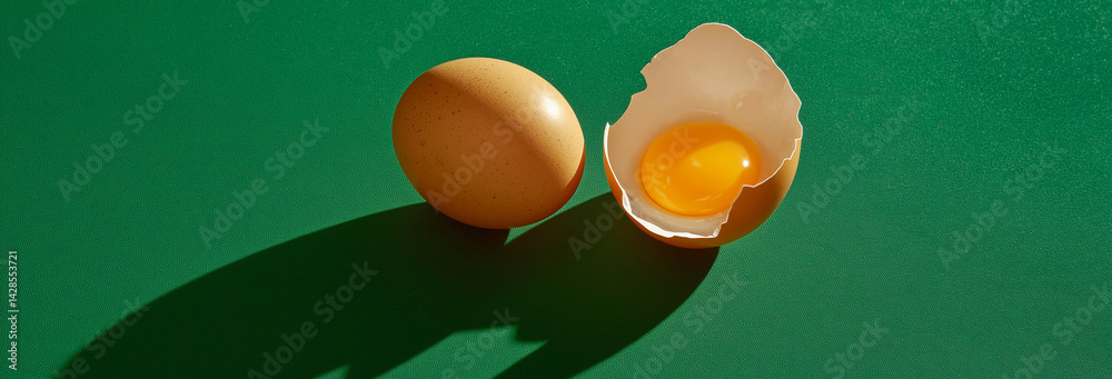 Broken raw egg with shell on green background, top view