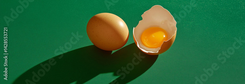 Obraz na płótnie Broken raw egg with shell on green background, top view w salonie