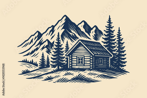  Mountain cabin and pine trees in vintage engraving vector style