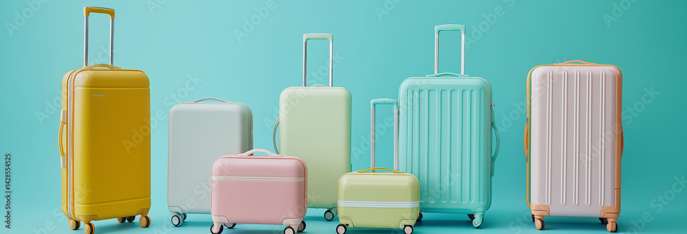 Different bright suitcases on light blue background