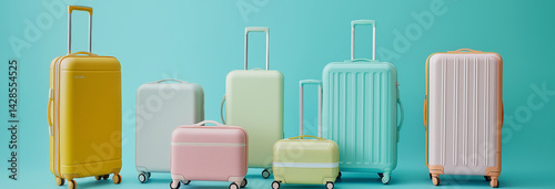 Obraz na płótnie Different bright suitcases on light blue background w salonie