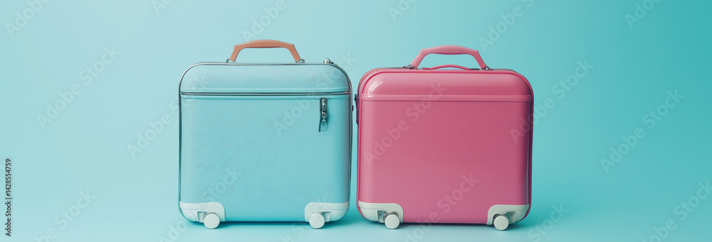 Different bright suitcases on light blue background