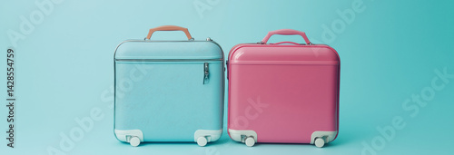 Obraz na płótnie Different bright suitcases on light blue background w salonie