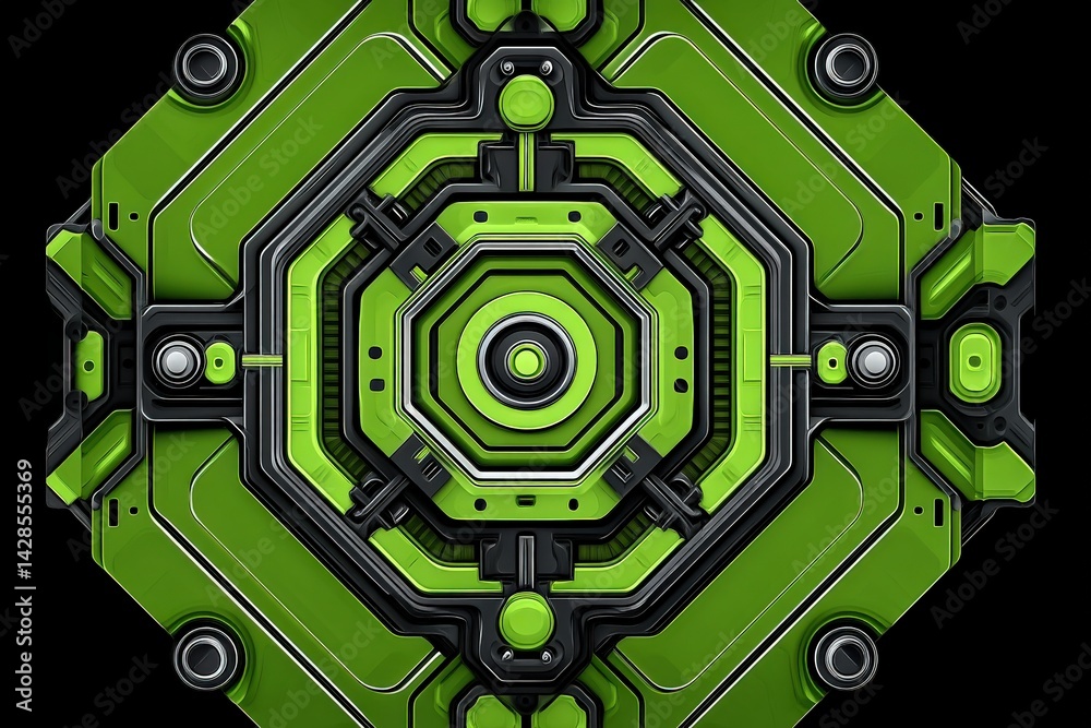 Futuristic Hexagonal Tech Design with Green and Black Elements