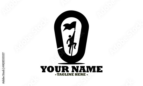 illustration depicting a determined climber ascending a rope to plant a flag at the peak, enclosed within a sturdy carabiner. Simple vector icon of a carabiner logo design illustration
