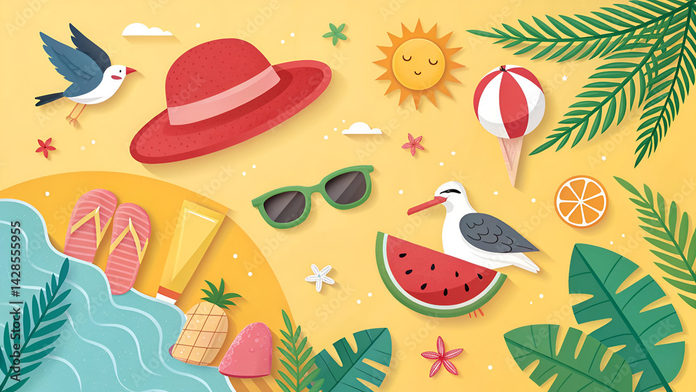 Naklejka premium 3d Colorful Summer bright yellow Sale Banner or Poster template with 3d items like red Hat, green Sunglasses,pink seagull, green Watermelon, Ice Cream, sun cream, blue flip flops, Beach' Tropical Elem