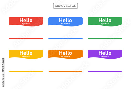 Hello, my name is. Name label sticker with an inscription Hello my name is. Red, yellow, green, blue name tag, cards. vector template illustration