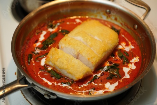 Obraz na płótnie Red curry with spinach, coconut milk and baked fish in a pan w salonie