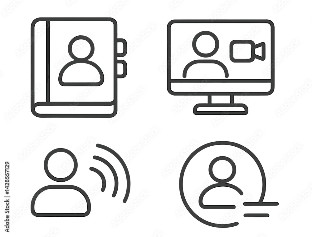 Modern icons for communication and digital interaction, featuring a directory, video call, contact, and messaging Modern icons for communication and digital interaction, featuring a directory, video call, contact, and messaging
