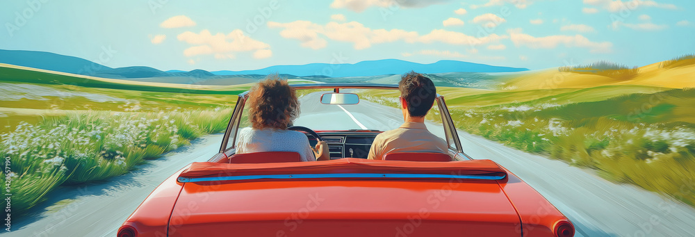 Happy European spouses going on trip by car, man and woman sitting in their comfortable auto