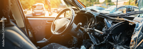 Obraz na płótnie Injured man near opened airbag in automobile after car accident w salonie