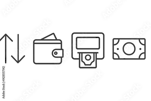 Set of icons depicting financial concepts including currency, wallet, and money transfer in minimal line style
