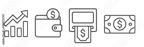 Set of line style icons representing financial concepts including growth, wallet, ATM, and cash transactions
