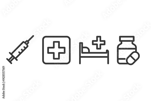 Healthcare icons in line style representing medical equipment, healthcare symbols, and medication