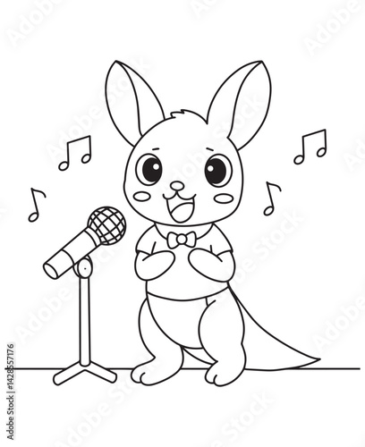 Coloring book rabbit performing with a microphone and musical notes. Perfect for kids education
