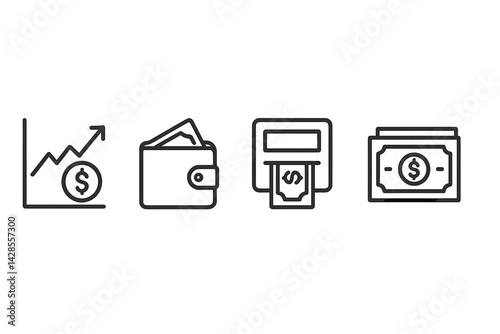 Line style icons depicting financial concepts including growth, wallets, and cash withdrawals in a minimalistic design