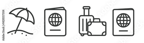 Travel icons showcasing vacation essentials including umbrella, passport, and luggage for planning holidays