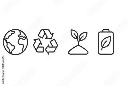 Set of eco-friendly icons representing sustainability, recycling, and renewable energy in line style suitable for various projects