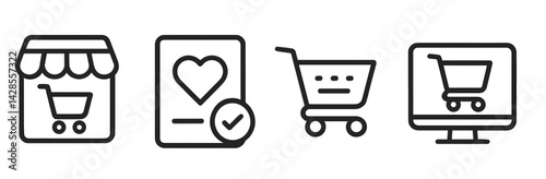 Set of line style icons representing shopping activities and online commerce concepts for digital applications