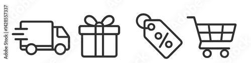 Delivery icons showcasing shipping, gifting, pricing, and shopping cart in minimal line design