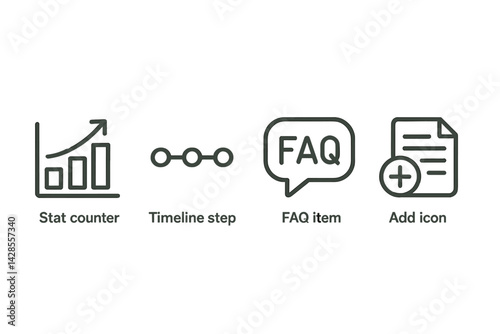 Set of icons featuring line style graphics for statistics, timelines, FAQs, and additional items created for digital design projects