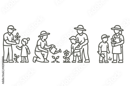 Engaging family in gardening activities with planting, watering and nurturing young plants outdoors