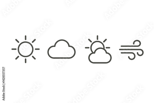 Weather icons in line style illustrating sun, cloud, partially cloudy, and wind conditions