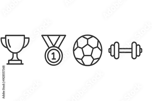 Sport icons in line style including trophy, medal, soccer ball, and dumbbell for fitness and athletic themes