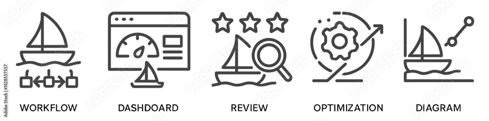 Set of line style icons depicting workflow, dashboard, review, optimization, and diagram activities Set of line style icons depicting workflow, dashboard, review, optimization, and diagram activities