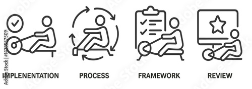 Set of line style icons depicting implementation, process, framework, and review in a systematic approach