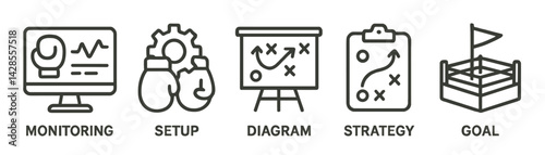 Illustrated icons representing monitoring, setup, diagram, strategy, and goal for effective project management and planning