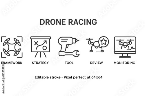 Drone racing icons illustrate various aspects of the competitive activity in a minimalist line style design