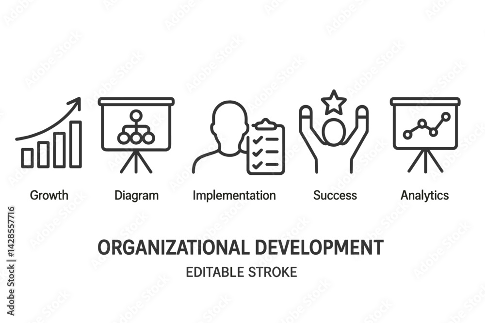 Icons depicting organizational development including growth, diagrams, implementation, success, and analytics in line style