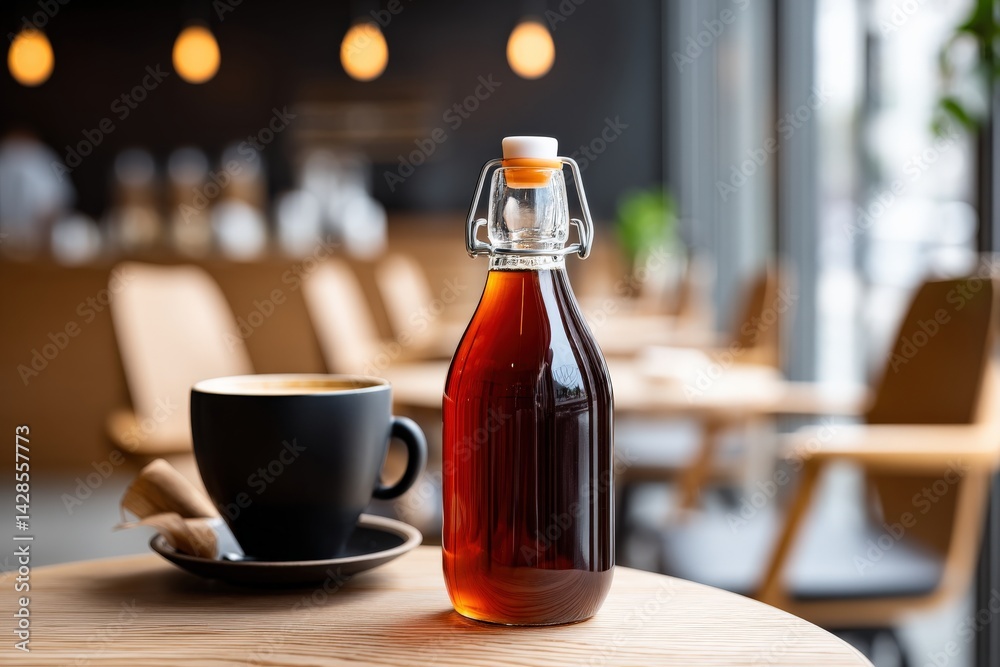 Glass Bottle of Syrup Next to Coffee Cup on Wooden Table in Cafe