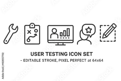 Icon set showcasing various user testing concepts in line style for design and development professions