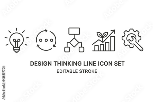 Design thinking line icon set featuring symbols of innovation and problem-solving for creative processes