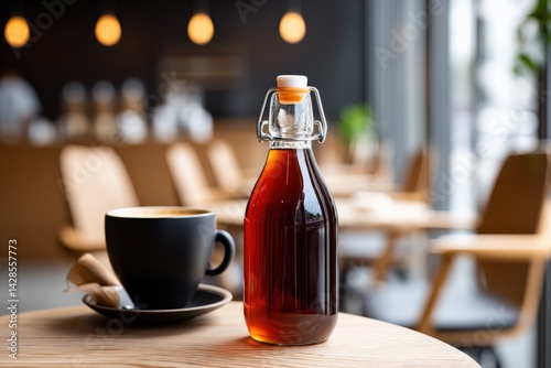 Obraz na płótnie Glass Bottle of Syrup Next to Coffee Cup on Wooden Table in Cafe w salonie