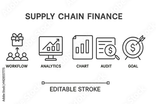Detailed line style icons representing key concepts of supply chain finance including workflow, analytics, chart, audit, and goal setting