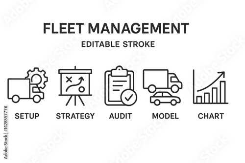 Fleet management icons featuring setup, strategy, audit, model, and performance chart in line style
