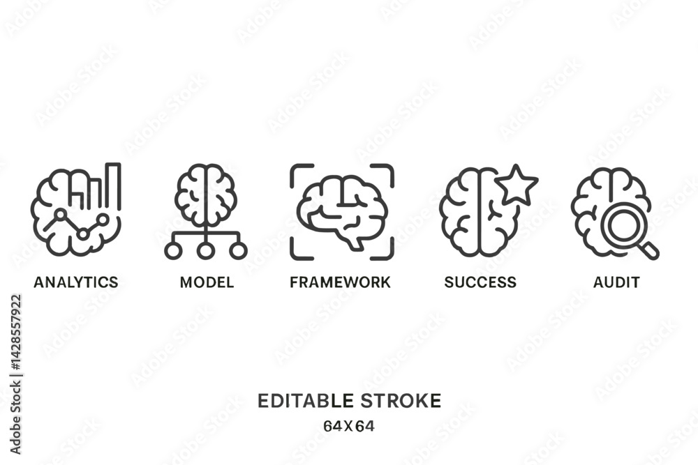 Set of line style icons representing analytics, model, framework, success and audit for digital design projects Set of line style icons representing analytics, model, framework, success and audit for digital design projects