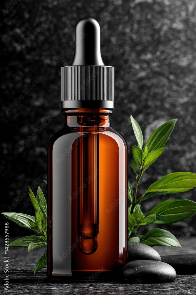 Glass Dropper Bottle with Natural Leaves and Stones on Dark Background
