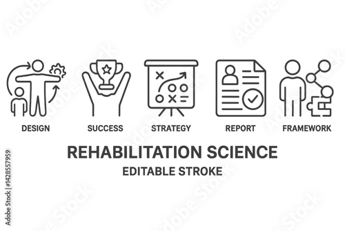 Set of icons representing rehabilitation science concepts in line style for educational use