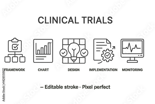 Icons illustrating clinical trials in a modern line style for frameworks, charts, design, implementation, and monitoring activities