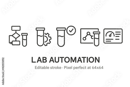Line style icons representing various elements of lab automation including test tubes, gears, and data analytics in a minimalist design