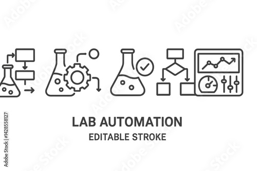 Lab automation process illustrated with line icons showing various stages in a laboratory setting