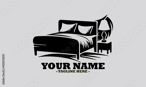 Simple monochromatic silhouette illustration of a comfortable bed with soft pillows and a lamp on a bedside table. Bedroom concept, bedroom logo design illustration and bedroom vector design