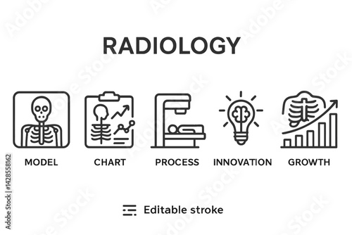 Illustration of radiology concepts including model, chart, process, innovation, and growth in modern medical applications