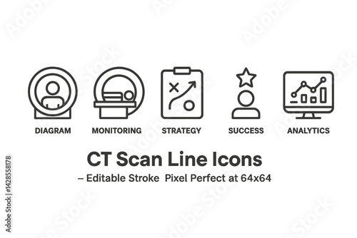CT scan line icons representing medical diagram, monitoring, strategy, success, and analytics in a unified design