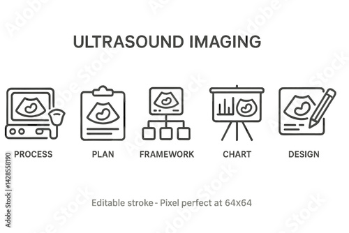 Collection of line icons representing the ultrasound imaging process, including planning, framework, charting, and design
