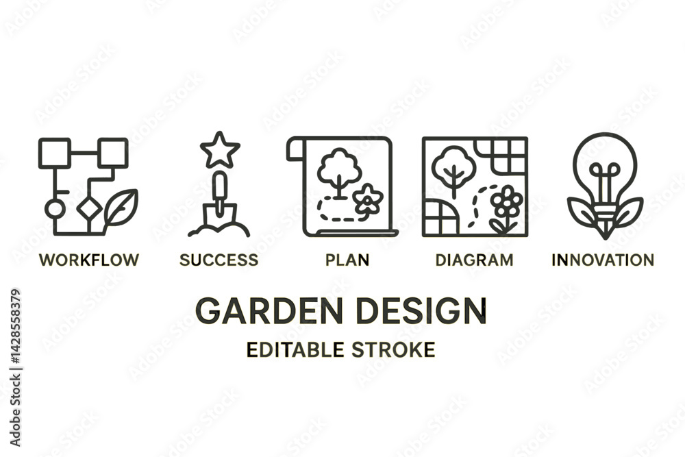 Garden design icons featuring workflow, success, plan, diagram, and innovation in line style Garden design icons featuring workflow, success, plan, diagram, and innovation in line style
